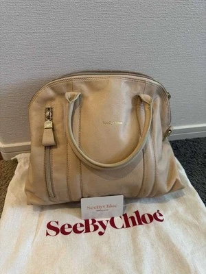 See By Chloe Handbag Tote Medium Logo Leather Beige Women's USED FROM JAPAN - Image 1 of 4