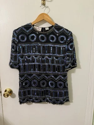 Top de seda vintage Laurence Kazar lentejuelas con cuentas talla mediana Foto 1 de 4