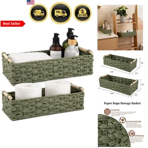 Juego de 2 cestas de almacenamiento organizadores de baño de mimbre con asas de madera verde - Imagen 1 de 10