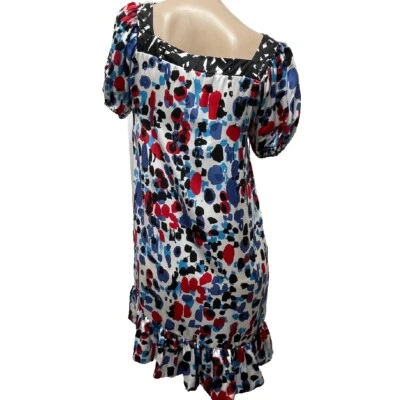 NWT $98 Kensie Dress SMALL  Multicolor Square Neck Puff Slv Ruffled Hemline SILK - Image 1 of 4