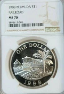 1988 BERMUDA SILVER DOLLAR S$1 RAILROAD NGC MS 70 PERFECTION FINEST KNOWN POP 1 - Picture 1 of 5