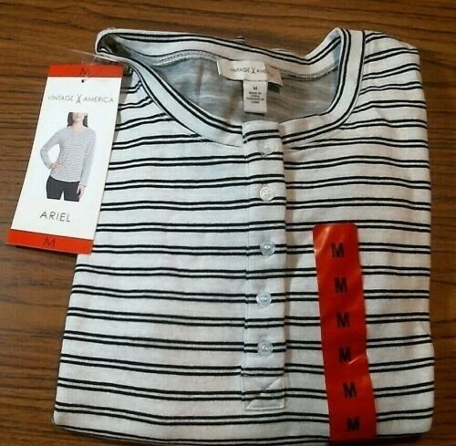 Vintage America Ariel Long Sleeves Striped Henley T-Shirt, Black/White, S, NWT - Image 1 of 1