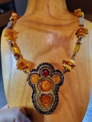 Baltic Amber Bead Embroidered Necklace Handmade OOAK w Glass Beads & Brass Clasp - Image 1 of 4
