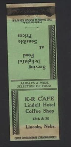 K R Cafe Años 1930 Matchcover Lincoln Nebraska 13th & Main Lindell Hotel Diamond Co - Imagen 1 de 1