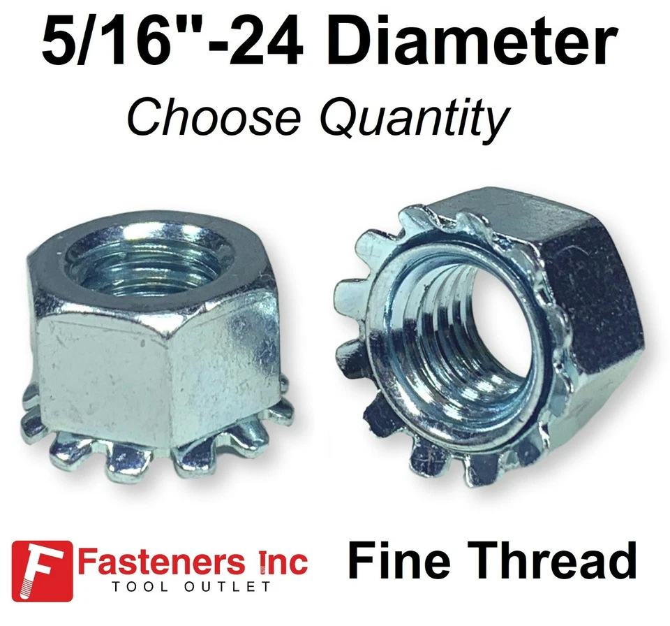 FASTENERS INC. 5/16"-24 K Lock Hex Star Lock Nuts Keps Zinc Plated FINE Thread (Pick Quantity)