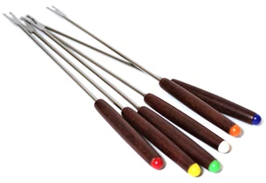 Vintage Fondue Forks Teak Wood Handle Color Coded Stainless Steel Oster Set 6 - Picture 1 of 5