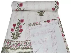 Indian Hand Block Blanket King Size Kantha Quilt Handmade Cotton Bedspread Throw - Picture 1 of 10