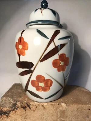 Vintage HandPainted Asian Floral Ceramic 8" Ginger Jar W/Lid Urn Stamped/Signed - Image 1 of 4