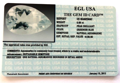 EGL USA CERTIFIED NATURAL PEAR BRILLIANT AQUAMARINE 0.68CT APPRAISED VALUE $100 - Image 1 of 4