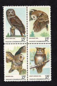 Scott #1760 - US American Owls 15c Stamp Block of 4 - #1763 - Picture 1 of 1