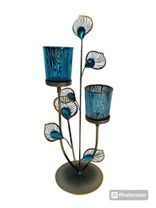 Vintage Iron Glass Blue Peacock Votive Candle Holder Indoor Outdoor Decor - Picture 1 of 3