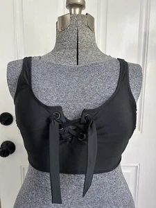 Aerie Wide Strap Scoop Bikini Top Black Size Small Tie Lace Up Front Full Cov - Picture 1 of 7