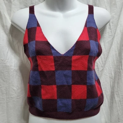 Rita Row Mussol Checkered Red Blue Sweater Knit Tank Crop Top Size Large V Neck - Image 1 of 4
