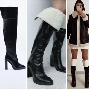 Zara schwarze Leder Kniehohe Stiefel mit Lammfell Neu ohne Etikett Größe 40 / 9 - Bild 1 von 10