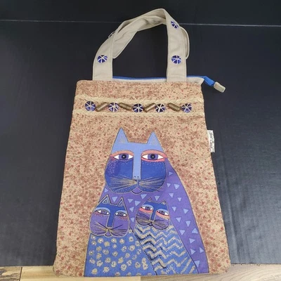 Laurel Burch Indigo Cats Medium Shoulder Bag Canvas Tote Cat Family 10.5"×14.5" - Image 1 of 4