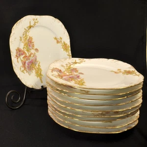 Limoges William Guerin Square Plates Set of Ten 8 7/8" Floral w/Gold 1870-1891 - Picture 1 of 12