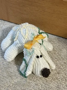 Handmade Vintage Chenille Bedspread White Green Yellow Floral Small Dog - Picture 1 of 3