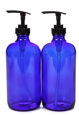 , 2, Large, 16 Oz, Empty, Cobalt Blue Glass Bottles with Black Lotion Pumps - Image 1 of 4