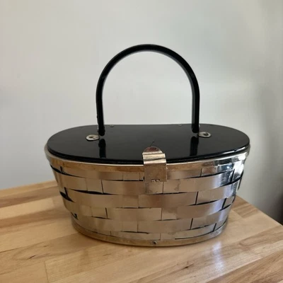 Dorset Rex Vintage Lucite & Metal Basket Weave Purse 1950's Silvertone & Black - Image 1 of 4