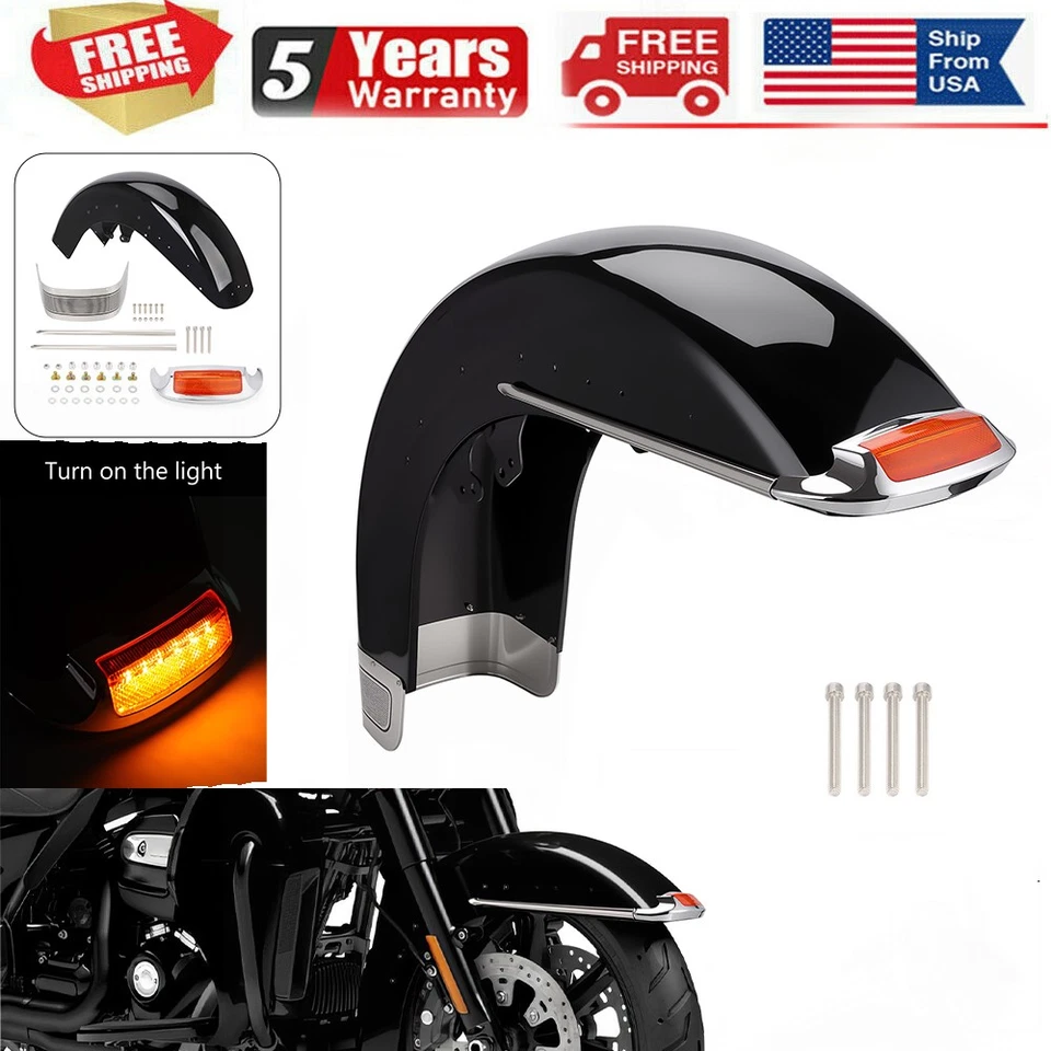 Vivid Black Front Fender w/Lights For Harley Touring Road King FLHR 2014-2024 US Foto 1 de 4