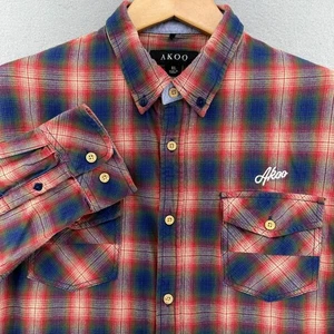 AKOO Flannel Button-Up Long Sleeve Shirt Plaid Mens XL Streetwear Cabincore Prep - Picture 1 of 10