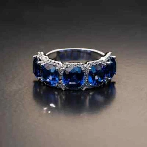 Anillo de boda y zafiro natural corte cojín de 5,50 quilates de oro blanco de 14 quilates talla 7 - Imagen 1 de 9