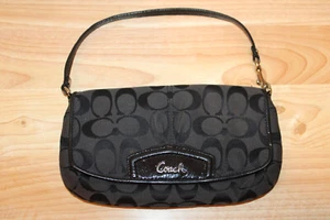 COACH Ashley Black Monogram Canvas Patent Leather Trim Flap Wristlet Clutch - Picture 1 of 8