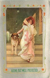 um 1907 Kunst Postkarte 80. Schöne Dame & Bernhardiner Hund, allein aber gut geschützt - Bild 1 von 2