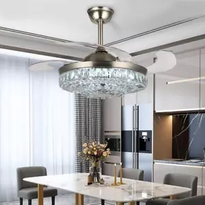 42" Bluetooth Crystal Ceiling Fan 7-Color Led Chandelier Music Speaker w/Remote - Picture 1 of 11