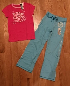 NWT L 10 Gap Kid Chatterbox Pink Top T-Shirt Blue Sweat Pant Drip Graffiti White - Picture 1 of 3