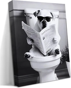 Funny Bathroom Wall Art, Cool Dog on Toilet Black and White Canvas Wall Decor, H - Picture 1 of 12