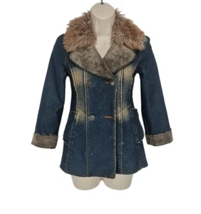 BLUE MARINE Kid Denim Jacket Size 11 Faux Fur Neck Ling Button Up Flee Line 321P - Picture 1 of 7