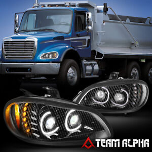 Fits 03-19 Freightliner Class M2{LED HALO+SEQUENTIAL}Black Projector Headlight