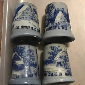 4 Blue Glaze Thimbles Large Size Homestead Currier & Ives Rustic White Painted - Picture 1 of 11