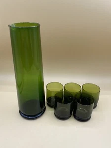 Vintage Forest Green Tall Pitcher 5 Shot Glasses Anchor Hocking Style - Picture 1 of 11