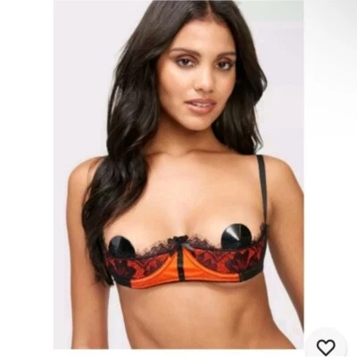 Frederick's of Hollywood Lux Black & Orange Lace Sexy Bra Sz 10 NEW Open Cup - Image 1 of 4