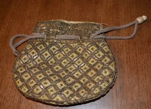 Antique Beaded Sequin Metallic Gold Stitching Purse Handbag STEAMPUNK Drawstring - Picture 1 of 8