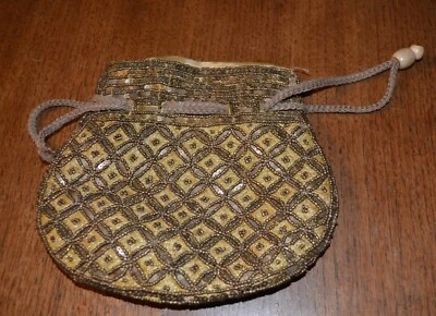 Antique Beaded Sequin Metallic Gold Stitching Purse Handbag STEAMPUNK Drawstring - Image 1 of 4