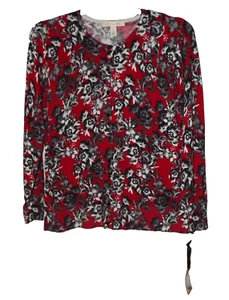 Emaline Women's Cardigan Sweater Sz Lge Long Sleeve Red Black White Floral Print - Picture 1 of 6
