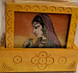 Rare Rajwada Arts Handcrafted Queen & Parrot Gemstone Painting 6 piece Coaster - Picture 1 of 17
