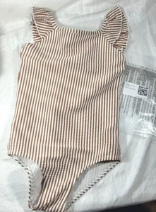 H&M Adorables Girl's Textured Swimsuit w/ Flounced Straps - Brown Stripe - 6X/7 - Picture 1 of 5