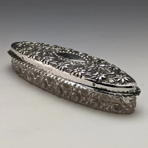Antique Edwardian Sterling Silver Lid Cut Glass Box Bermingham 1907 ENGLAND Cover