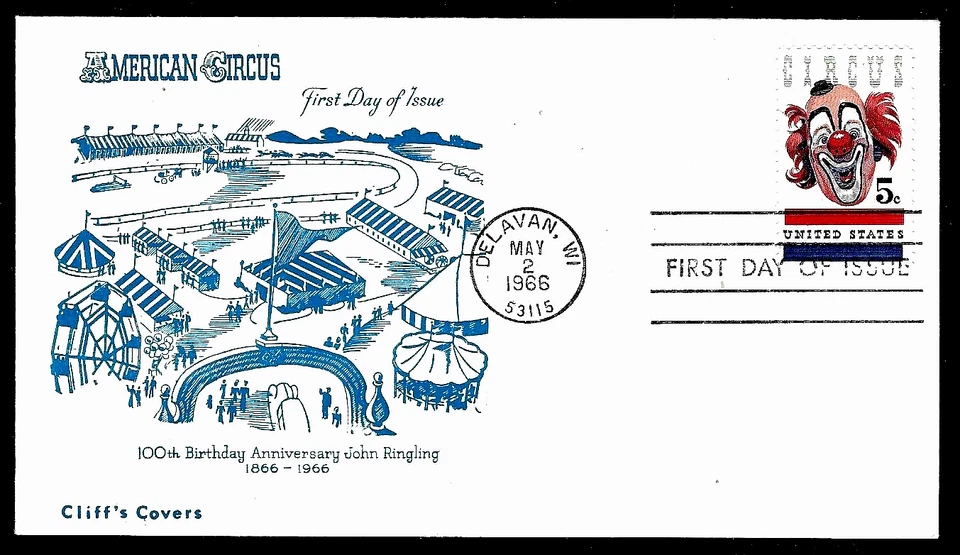1309 5c Stamp (1966) RBBB CIRCUS & CLOWN LOU JACOBS FDC BY (1ST) CLIFF'S COVERS - Image 1 of 1