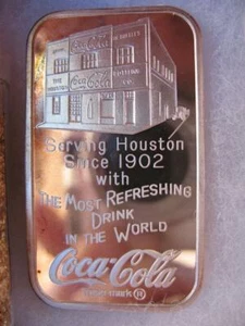 1-OZ SILBER.999 HOUSTON TEXAS COCA COLA NEUWERTIG 75. JAHRSTAG BAR + GOLD - Bild 1 von 8