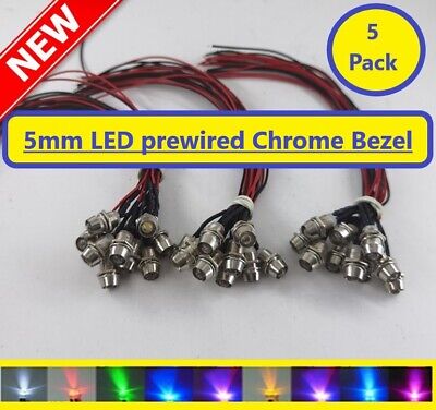 5 Pack 12V 5mm Pre Wired LED With Chrome Metal Bezel Holder All Colours Freepost • 3.89£