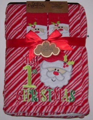 Baby Essentials 2 Pc Red White Green Soft My 1st Christmas Santa Blanket Booties - Image 1 of 2