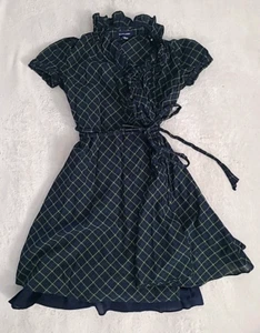 Ralph Lauren Girls Plaid Ruffle Wrap Dress Navy Green Cotton Size 12 Preppy Chic - Picture 1 of 20