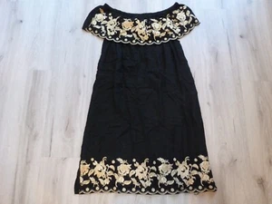 Radhe Off Shoulder Dress L Embroidered Floral Gold Color Peasant Hippie Boho EUC - Picture 1 of 10