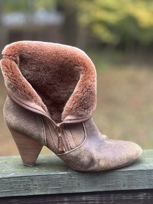 Matt Bernson Minx Women Brown Leather Shearling Fold-Over Ankle Booties Size 7.5 - Image 1 of 4