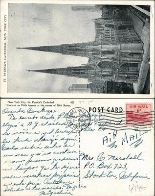 US Airmail Cover Philadelphia to Stockton 1952 St Patrick's Catholic Church PC - Image 1 of 3